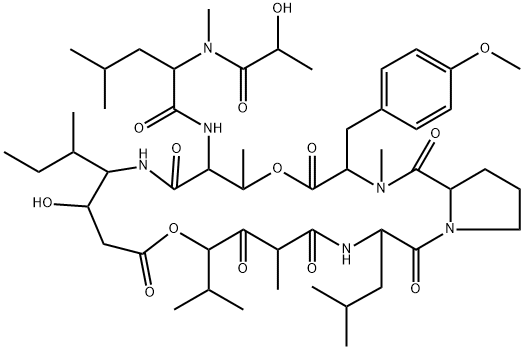 N-(L-Lac-N-Methyl-D-Leu-)cyclo[L-Thr*-[(3S,4R)-3-hydroxy-4-[(S)-1-methylpropyl]-γAbu-]-[(2S,4S)-4-hydroxy*-2,5-dimethyl-2-deamino-3-oxo-D-Nle-]-L-Leu-L-Pro-N,O-dimethyl-L-Tyr-] Structure