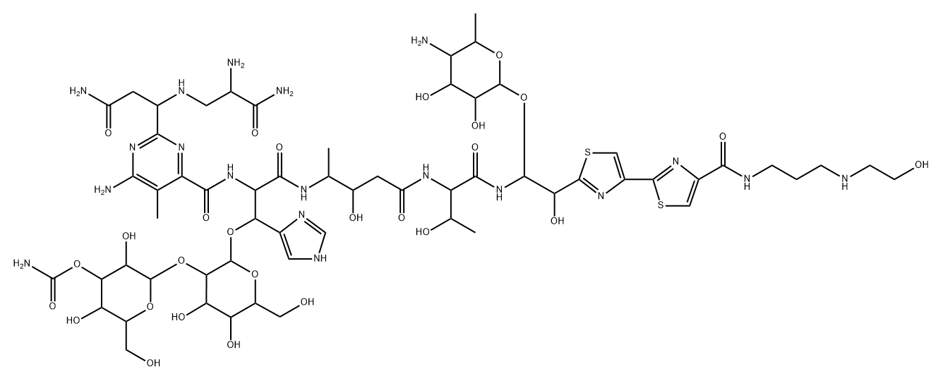 13-[(4-アミノ-4,6-ジデオキシ-α-L-タロピラノシル)オキシ]-19-デメチル-12-ヒドロキシ-N1-[3-[(2-ヒドロキシエチル)アミノ]プロピル]ブレオマイシンアミド 化学構造式