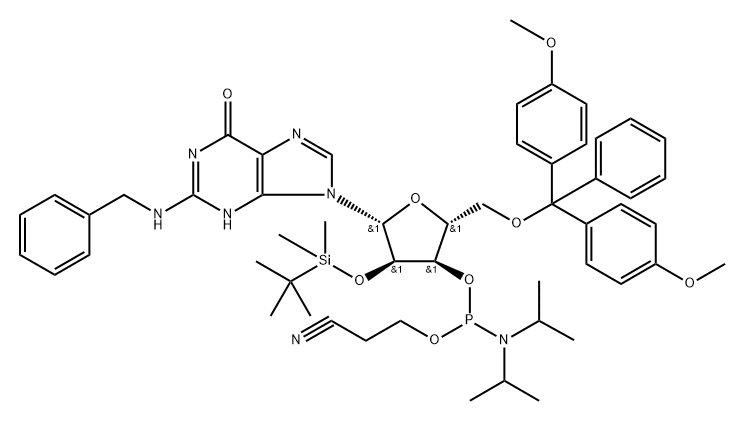 N2-Benzyl-2'-O-tert-butyldimethylsilyl-5'-O-DMT-guanosine 3'-CE phosphoramidite Structure
