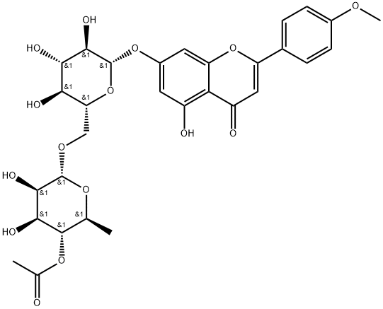 4H-1-Benzopyran-4-one, 7-[[6-O-(4-O-acetyl-6-deoxy-α-L-mannopyranosyl)-β-D-glucopyranosyl]oxy]-5-hydroxy-2-(4-methoxyphenyl)-, 79541-06-3, 结构式