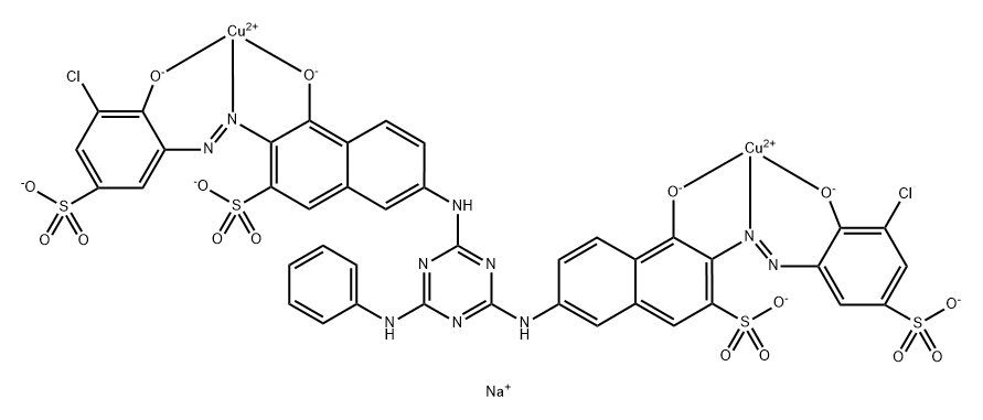 テトラナトリウム＝3，3’-ビス（3-クロロ-2-ヒドロキシ-5-スルホナトフェニルアゾ）-4，4’-ジヒドロキシ-7，7’-（6-アニリノ-1，3，5-トリアジン-2，4-ジイルジイミノ）ジ-2-ナフタレンスルホナートの2：1型銅（II）錯塩 化学構造式