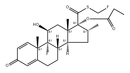 Androsta-1,4-diene-17-carbothioic acid, 9-fluoro-11-hydroxy-16-methyl-3-oxo-17-(1-oxopropoxy)-, S-(fluoromethyl) ester, (11β,16α,17α)- (9CI) Struktur