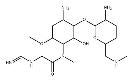 4-アミノ-3-O-[2-アミノ-2,3,4,6-テトラデオキシ-6-(メチルアミノ)-α-D-erythro-ヘキソピラノシル]-1,4,5-トリデオキシ-1-[[[(イミノメチル)アミノ]アセチル]メチルアミノ]-6-O-メチル-L-chiro-イノシトール 化学構造式