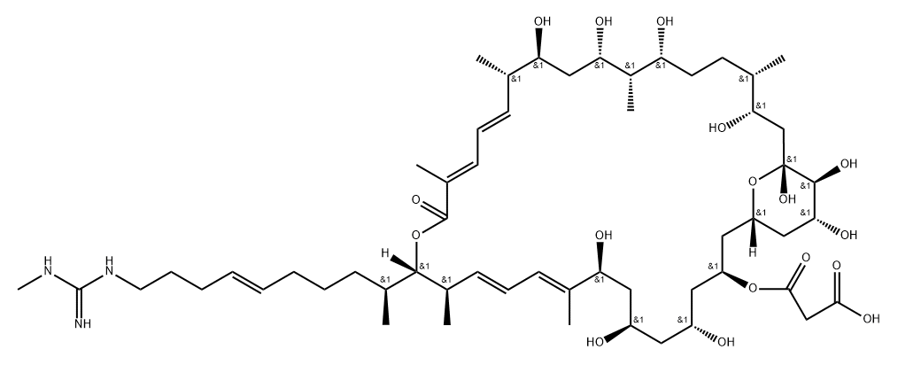 2,3-Didehydro-35-de[11-[[imino(methylamino)methyl]amino]-1,3-dimethyl-7-undecenyl]-28-demethyl-3-deoxy-35-[9-[[imino(methylamino)methyl]amino]-1-methyl-5-nonenyl]-30-methylscopafungin Structure