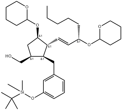 CyclopentaneMethanol, 2-[[3-[[(1,1-diMethylethyl)diMethylsilyl]oxy]phenyl]Methyl]-4-[(tetrahydro-2 H-pyran-2-yl)oxy]-3-[3-[(tetrahydro-2H-pyran-2-yl)oxy]-1-octenyl]-, [1S-[1a,2a,3b(1E,3R*),4a]]-|环戊烷甲醇,2-[[3-[[1,1-二甲基乙基)二甲基硅烷基]氧基]苯基]甲基]-4-[(四氢-2H-吡喃-2-基)氧基]-1-辛烯基]-,[1S-[1Α,2Α,3Β(1E,3R*),4Α]]