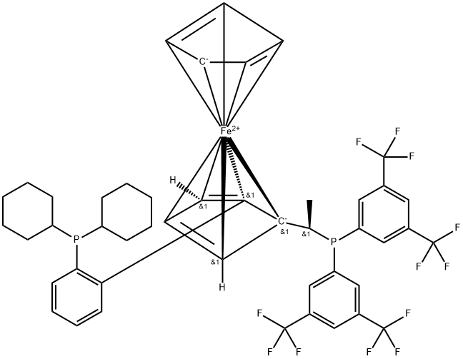 (R)-(+)-1-[(R)-2-(2'-ジシクロヘキシルホスフィノフェニル)フェロセニル]エチルビス(3,5-トリフルオロメチルフェニル)ホスフィン, min. 97% 化学構造式