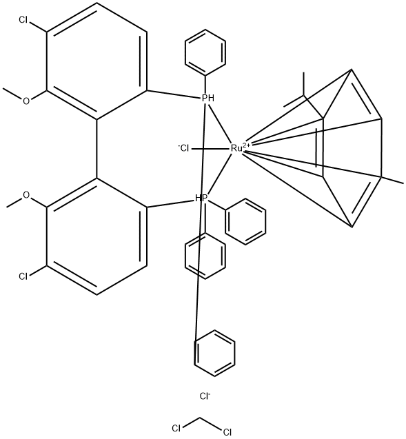 塩化クロロ[(R)-(+)-5,5'-ジクロロ-6,6'-ジメトキシ-2,2'-ビス(ジフェニルホスフィノ)-1,1'-ビフェニル](p-シメン)ルテニウム(II)CH2Cl2付加物 化学構造式