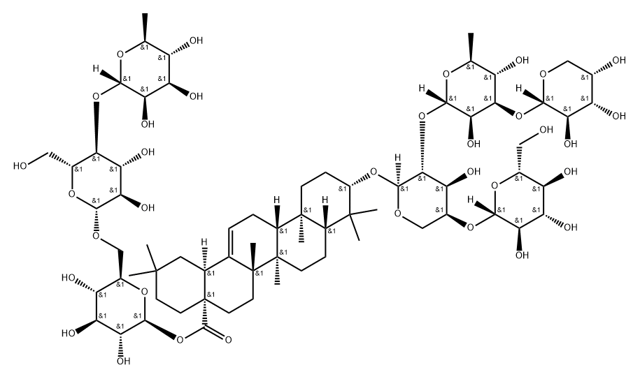 Olean-12-en-28-oic acid, 3-[(O-α-L-arabinopyranosyl-(1→3)-O-6-deoxy-α-L-mannopyranosyl-(1→2)-O-[β-D-glucopyranosyl-(1→4)]-α-L-arabinopyranosyl)oxy]-, O-6-deoxy-α-L-mannopyranosyl-(1→4)-O-β-D-glucopyranosyl-(1→6)-β-D-glucopyranosyl ester, (3β)- 化学構造式