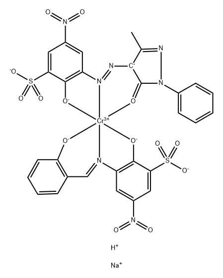 Chromate(3-), [3-[[4,5-dihydro-3-methyl-5-(oxo-κO)-1-phenyl-1H-pyrazol-4-yl]azo-κN1]-2-(hydroxy-κO)-5-nitrobenzenesulfonato(3-)][2-(hydroxy-κO)-3-[[[2-(hydroxy-κO)phenyl]methylene]amino-κN]-5-nitrobenzenesulfonato(3-)]-, disodium hydrogen 化学構造式