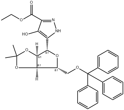 4-Hydroxy-5-[2,3-O-(1-methylethylidene)-5-O-(triphenylmethyl)-β-D-ribofuranosyl]-1H-pyrazole-3-carboxylic Acid Ethyl Ester 结构式