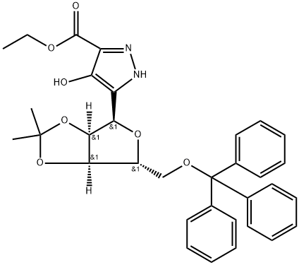 4-Hydroxy-5-[2,3-O-(1-methylethylidene)-5-O-(triphenylmethyl)-α-D-ribofuranosyl]-1H-pyrazole-3-carboxylic Acid Ethyl Ester, 83686-34-4, 结构式