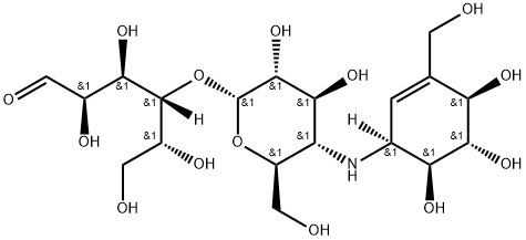 4-O-[4-[[(1S)-4β,5α,6β-トリヒドロキシ-3-(ヒドロキシメチル)-2-シクロヘキセン-1β-イル]アミノ]-4-デオキシ-α-D-グルコピラノシル]-D-グルコース 化学構造式