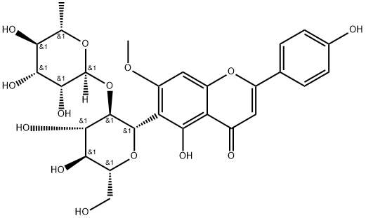 4H-1-Benzopyran-4-one, 6-[2-O-(6-deoxy-α-L-mannopyranosyl)-β-D-glucopyranosyl]-5-hydroxy-2-(4-hydroxyphenyl)-7-methoxy-,83889-78-5,结构式