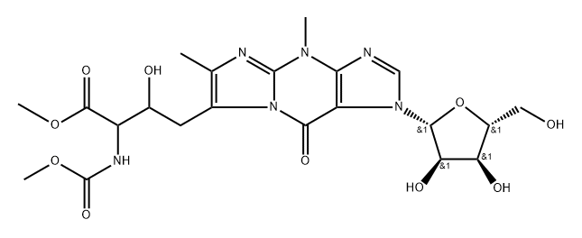 1H-Imidazo[1,2-a]purine-7-butanoic acid, 4,9-dihydro-β-hydroxy-α-[(methoxycarbonyl)amino]-4,6-dimethyl-9-oxo-1-β-D-ribofuranosyl-, methyl ester Structure
