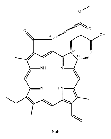 sodium [3S-(3alpha,4beta,21beta)]-14-ethyl-21-(methoxycarbonyl)-4,8,13,18-tetramethyl-20-oxo-9-vinylphorbine-3-propionate Structure