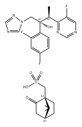 Bicyclo[2.2.1]heptane-1-methanesulfonic acid, 7,7-dimethyl-2-oxo-, (1S,4R)-, compd. with (αR,βS)-α-(2,4-difluorophenyl)-5-fluoro-β-methyl-α-(1H-1,2,4-triazol-1-ylmethyl)-4-pyrimidineethanol (1:1) Struktur