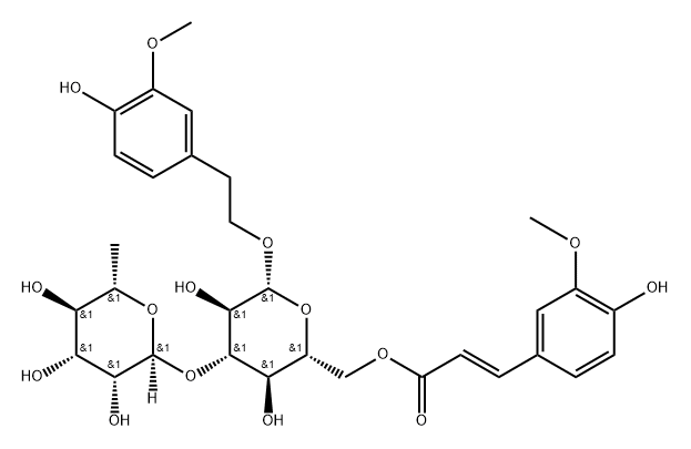 β-D-Glucopyranoside, 2-(4-hydroxy-3-methoxyphenyl)ethyl 3-O-(6-deoxy-α-L-mannopyranosyl)-, 6-[(2E)-3-(4-hydroxy-3-methoxyphenyl)-2-propenoate] Structure