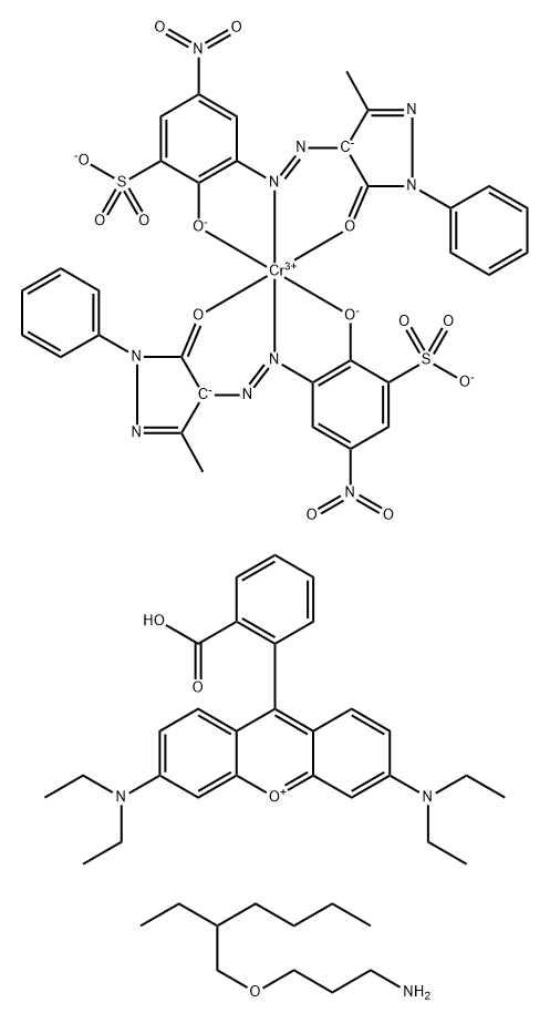 Xanthylium, 9-(2-carboxyphenyl)-3,6-bis(diethylamino)-, hydrogen bis[3-[(4,5-dihydro-3-methyl-5-oxo-1-phenyl-1H-pyrazol-4-yl)azo]-2-hydroxy-5-nitrobenzenesulfonato(3-)]chromate(3-), compd. with 3-[(2-ethylhexyl)oxy]-1-propanamine Struktur