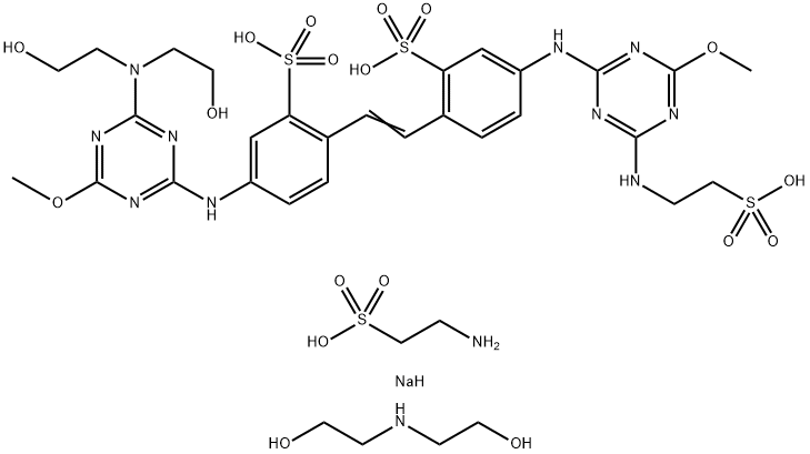 5-[[4-[二(2-羟乙基)氨基]-6-甲氧基-1,3,5-三嗪-2-基]氨基]-2-[2-[4-[[4-甲氧基-6[(2-乙磺基)氨基]-1,3,5-三嗪-2-基]氨基]-2-苯磺基]乙烯基]苯磺酸钠与2-胺乙醇磺酸单钠盐和2,2'-亚氨基二[乙醇]的化合物 结构式