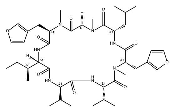 シクロ[D-aIle-D-Val-L-Val-N-メチル-3-(3-フリル)-L-Ala-L-Leu-N-メチル-L-Ala-N-メチル-3-(3-フリル)-D-Ala-] 化学構造式