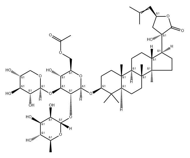 Dammar-24-en-21-oic acid, 3-[(O-6-deoxy-α-L-mannopyranosyl-(1→2)-O-[β-D-xylopyranosyl-(1→3)]-6-O-acetyl-β-D-glucopyranosyl)oxy]-20,23-dihydroxy-, γ-lactone, (3β,23S)- Structure