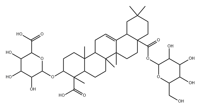 Olean-12-ene-23,28-dioic acid, 3-(β-D-glucopyranuronosyloxy)-, 28-β-D-glucopyranosyl ester, (3β,4α)- Struktur