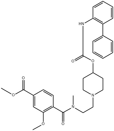 Benzoic acid, 4-[[[2-[4-[[([1,1'-biphenyl]-2-ylamino)carbonyl]oxy]-1-piperidinyl]ethyl]methylamino]carbonyl]-3-methoxy-, methyl ester Struktur