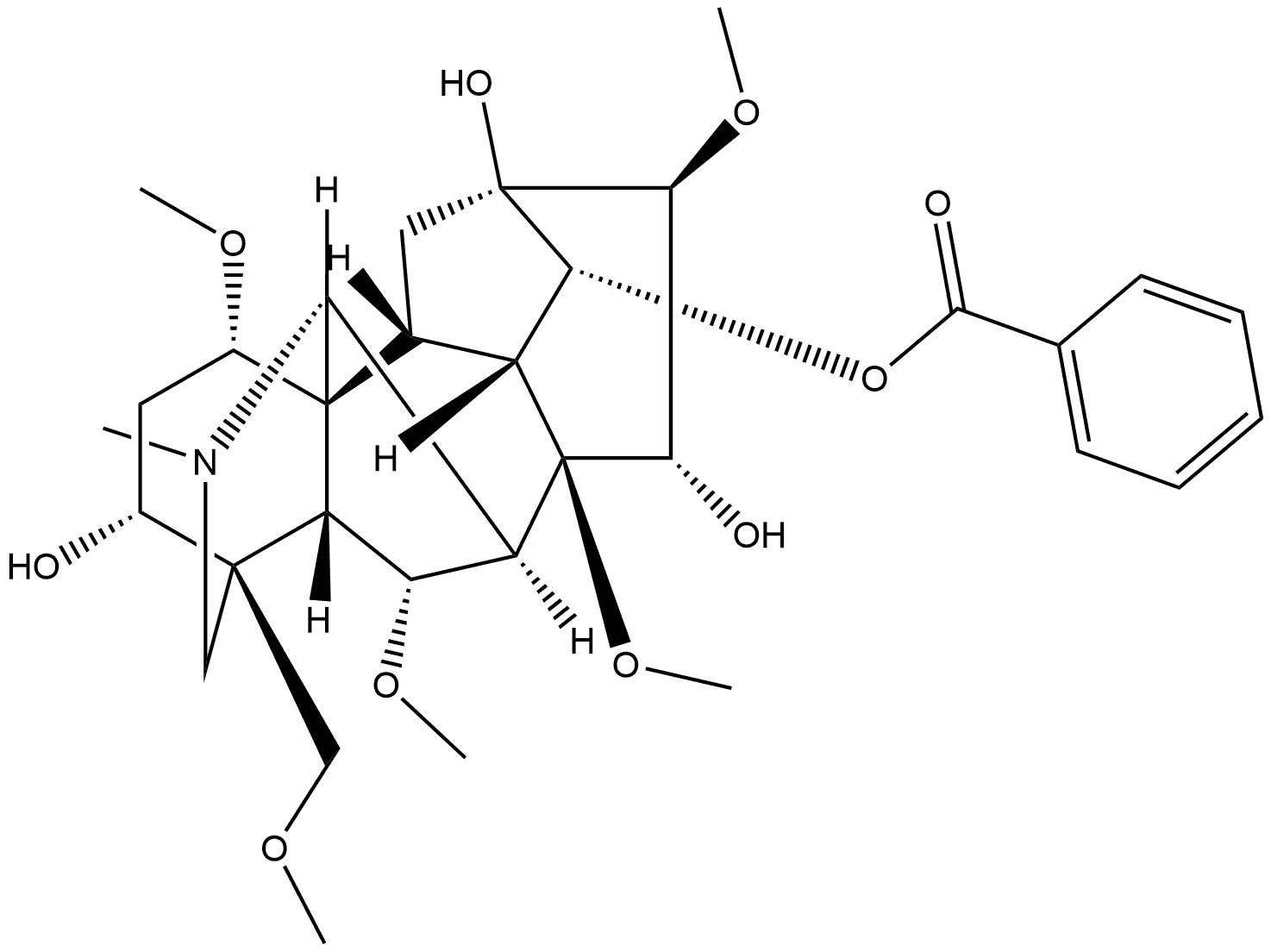 Aconitane-3,13,14,15-tetrol, 1,6,8,16-tetramethoxy-4-(methoxymethyl)-20-methyl-, 14-benzoate, (1α,3α,6α,14α,15α,16β)-,86500-43-8,结构式