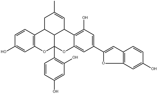 (3aS)-2-メチル-6-(6-ヒドロキシベンゾフラン-2-イル)-8aβ-(2,4-ジヒドロキシフェニル)-1,8a,13bα,13cβ-テトラヒドロ-3aβH-ベンゾ[3,4][2]ベンゾピラノ[1,8-bc][1]ベンゾピラン-4,11-ジオール 化学構造式