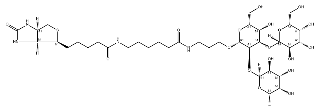 (3AS,4S,6AR)-N-[6-[[3-[(O-6-脱氧-ALPHA-L-吡喃半乳糖基-(1-2)-O-[ALPHA-D-吡喃半乳糖基-(1-3)]-BETA-D-吡喃半乳糖基)氧基]丙基]氨基]-6-氧代己基]六氢-2-氧代-1H-噻吩并[3,4-D]咪唑-4-戊酰胺, 870891-30-8, 结构式