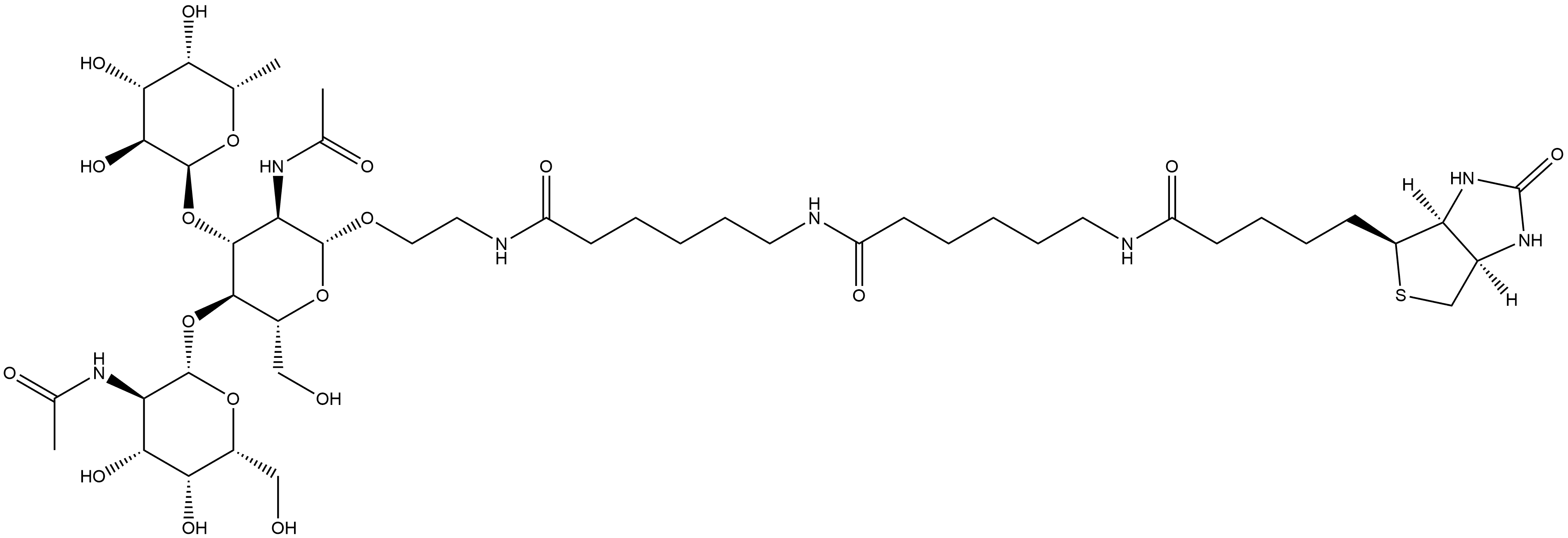 (3aS,4S,6aR)-N-[6-[[6-[[2-[[O-2-(Acetylamino)-2-deoxy-β-D-galactopyranosyl-(1→4)-O-[6-deoxy-α-L-galactopyranosyl-(1→3)]-2-(acetylamino)-2-deoxy-β-D-glucopyranosyl]oxy]ethyl]amino]-6-oxohexyl]amino]-6-oxohexyl]hexahydro-2-oxo-1H-thieno[3,4-d]imidazole-4-pentanamide Struktur