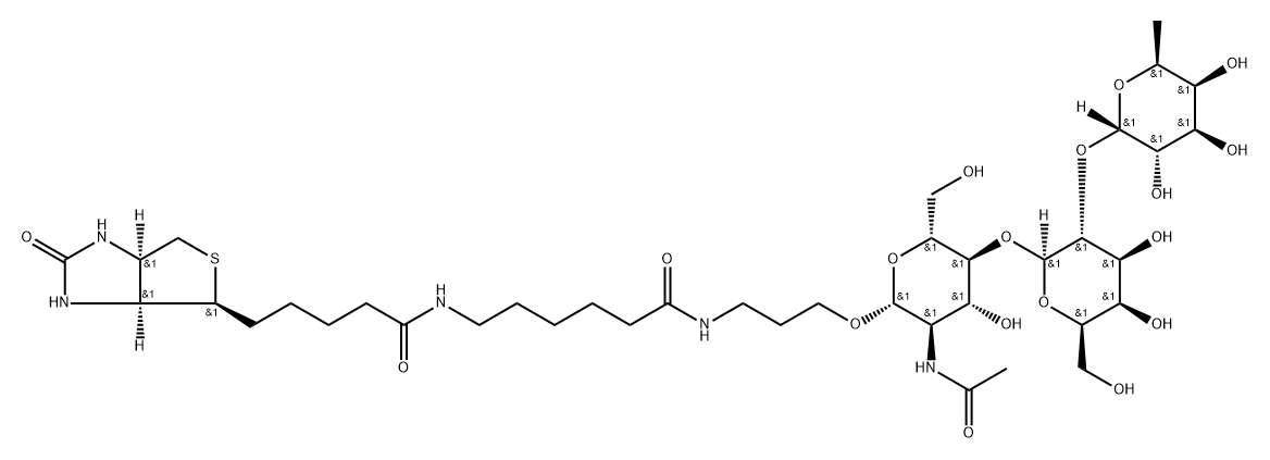 (3AS,4S,6AR)-N-[6-[[3-[[O-6-脱氧-ALPHA-L-吡喃半乳糖基-(1-2)-O-BETA-D-吡喃半乳糖基-(1-4)-2-(乙酰氨基)-2-脱氧-BETA-D-吡喃葡萄糖基]氧基]丙基]氨基]-6-氧代己基]六氢-2-氧代-1H-噻吩并[3,4-D]咪唑-4-戊酰胺,870891-89-7,结构式