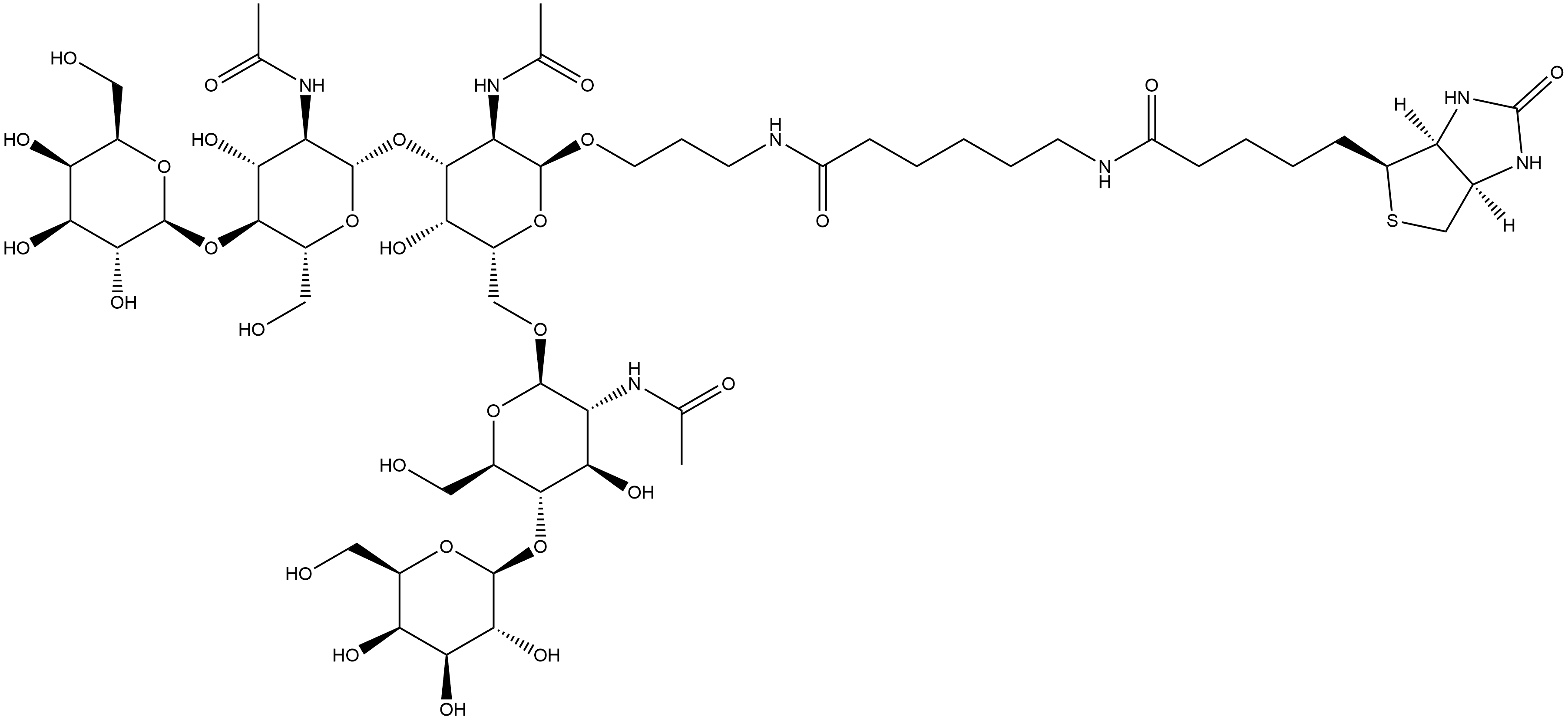 (3aS,4S,6aR)-N-[6-[[3-[[O-β-D-Galactopyranosyl-(1→4)-O-2-(acetylamino)-2-deoxy-β-D-glucopyranosyl-(1→3)-O-[O-β-D-galactopyranosyl-(1→4)-2-(acetylamino)-2-deoxy-β-D-glucopyranosyl-(1→6)]-2-(acetylamino)-2-deoxy-α-D-galactopyranosyl]oxy]propyl]amino]-6-oxohexyl]hexahydro-2-oxo-1H-thieno[3,4-d]imidazole-4-pentanamide 结构式