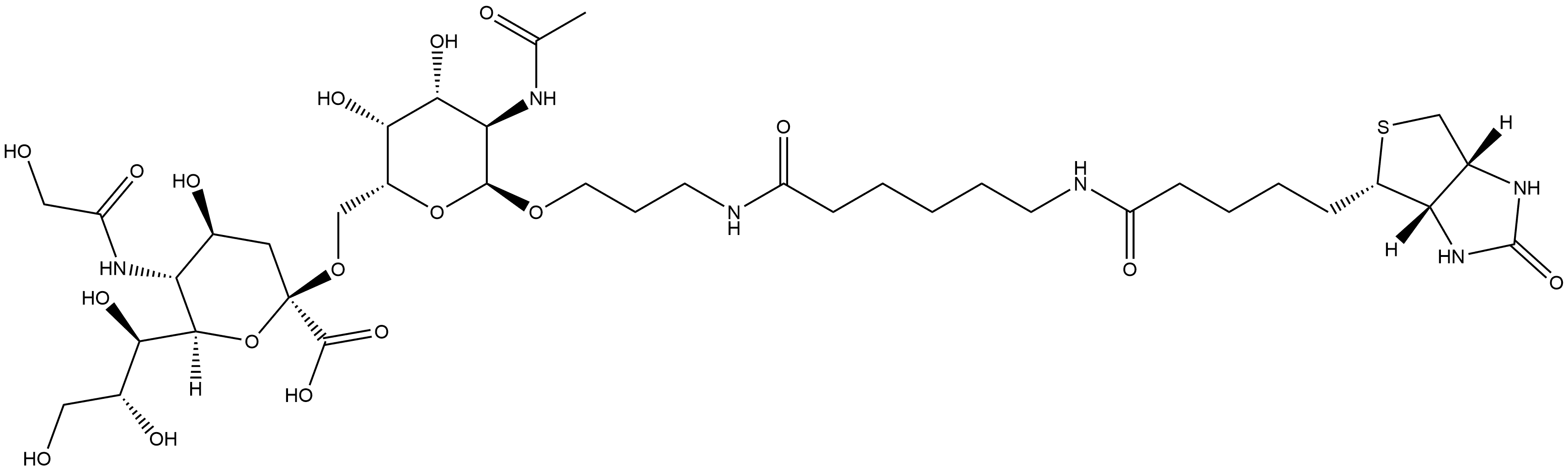(3aS,4S,6aR)-N-[6-[[3-[[2-(Acetylamino)-2-deoxy-6-O-[N-(2-hydroxyacetyl)-α-neuraminosyl]-α-D-galactopyranosyl]oxy]propyl]amino]-6-oxohexyl]hexahydro-2-oxo-1H-thieno[3,4-d]imidazole-4-pentanamide 结构式