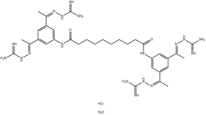 Decanediamide, N1,N10-bis[3,5-bis[1-[2-(aminoiminomethyl)hydrazinylidene]ethyl]phenyl]-, hydrochloride, hydrate (1:2:4) Structure