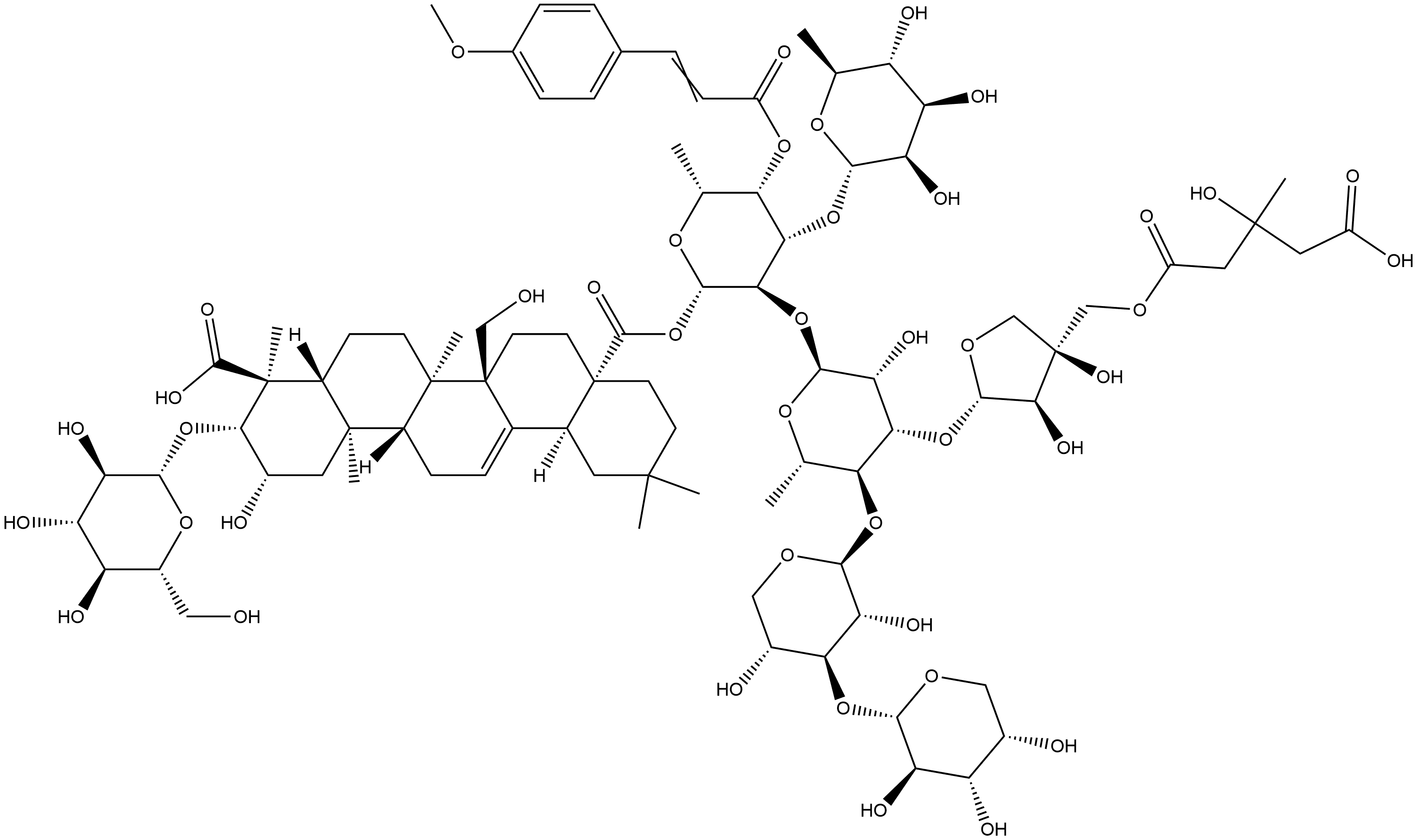 Olean-12-ene-23,28-dioic acid, 3-(β-D-glucopyranosyloxy)-2,27-dihydroxy-, 28-[O-α-L-arabinopyranosyl-(1→3)-O-β-D-xylopyranosyl-(1→4)-O-[5-O-(4-carboxy-3-hydroxy-3-methyl-1-oxobutyl)-D-apio-β-D-furanosyl-(1→3)]-O-6-deoxy-α-L-mannopyranosyl-(1→2)-O-[6-deoxy-α-L-mannopyranosyl-(1→3)]-6-deoxy-4-O-[3-(4-methoxyphenyl)-1-oxo-2-propen-1-yl]-β-D-galactopyranosyl] ester Structure