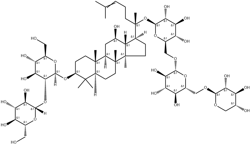 β-D-Glucopyranoside, (3β,12β)-12-hydroxy-20-[(O-β-D-xylopyranosyl-(1→6)-O-β-D-glucopyranosyl-(1→6)-β-D-glucopyranosyl)oxy]dammar-24-en-3-yl 2-O-β-D-glucopyranosyl- Structure
