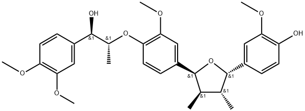 (-)-3,4-ジメトキシ-α-[1-[2-メトキシ-4-[テトラヒドロ-5-(4-ヒドロキシ-3-メトキシフェニル)-3,4-ジメチルフラン-2-イル]フェノキシ]エチル]ベンゼンメタノール 化学構造式