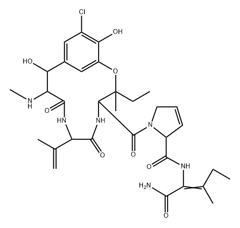 Isoleucinamide, (βS)-3-chloro-β,5-dihydroxy-N-methyl-L-tyrosyl-3,4-didehydro-L-valyl-3-hydroxy-L-isoleucyl-3,4-didehydro-L-prolyl-2,3-didehydro-, cyclic (15→3)-ether, (2E)- Struktur