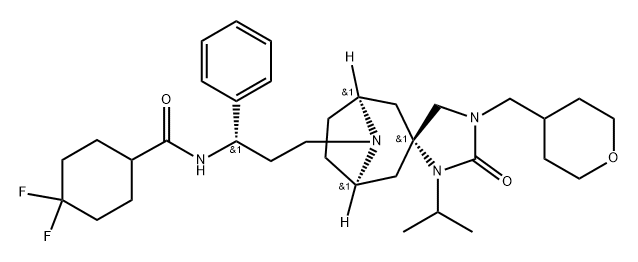 CyclohexanecarboxaMide, 4,4-difluoro-N-[(1S)-3-[(1α,3α,5α)-3'-(1-Methylethyl)-2'-oxo-1'-[(tetrahydro-2H-pyran-4-yl)Methyl]spiro[8-azabicyclo[3.2.1]octane-3,4'-iMidazolidin]-8-yl]-1-phenylpropyl]- (9CI) Structure