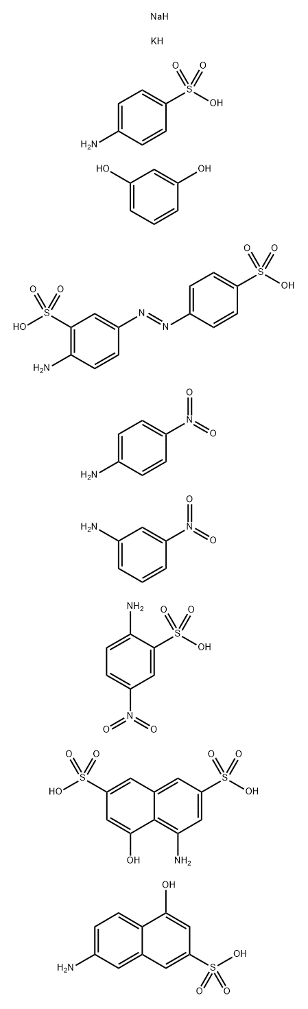 2,7-Naphthalenedisulfonic acid, 4-amino-5-hydroxy-, coupled with 7-amino-4-hydroxy-2-naphthalenesulfonic acid, diazotized 4-aminobenzenesulfonic acid, diazotized 3-nitrobenzenamine and diazotized 4-nitrobenzenamine, reduced, diazotized, cou,90431-99-5,结构式