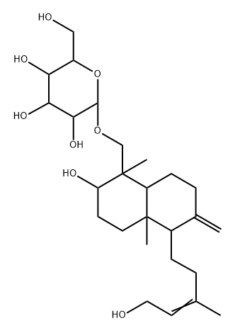 (1S,8aβ)-Decahydro-1,4aα-dimethyl-6-methylene-1β-[(β-D-glucopyranosyloxy)methyl]-5α-[(E)-5-hydroxy-3-methyl-3-pentenyl]naphthalen-2α-ol Struktur