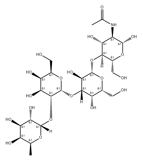 D-O-ALPHA-L-吡喃岩藻糖基-(1-2)-O-[ALPHA-D-吡喃半乳糖基-(1-3)]-O-BETA-D-吡喃半乳糖基-(1-4)-2-乙酰氨基-2-脱氧-吡喃葡萄糖, 909890-21-7, 结构式
