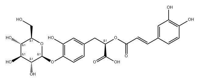 Benzenepropanoic acid, α-[[(2E)-3-(3,4-dihydroxyphenyl)-1-oxo-2-propen-1-yl]oxy]-4-(β-D-glucopyranosyloxy)-3-hydroxy-, (αR)- Structure