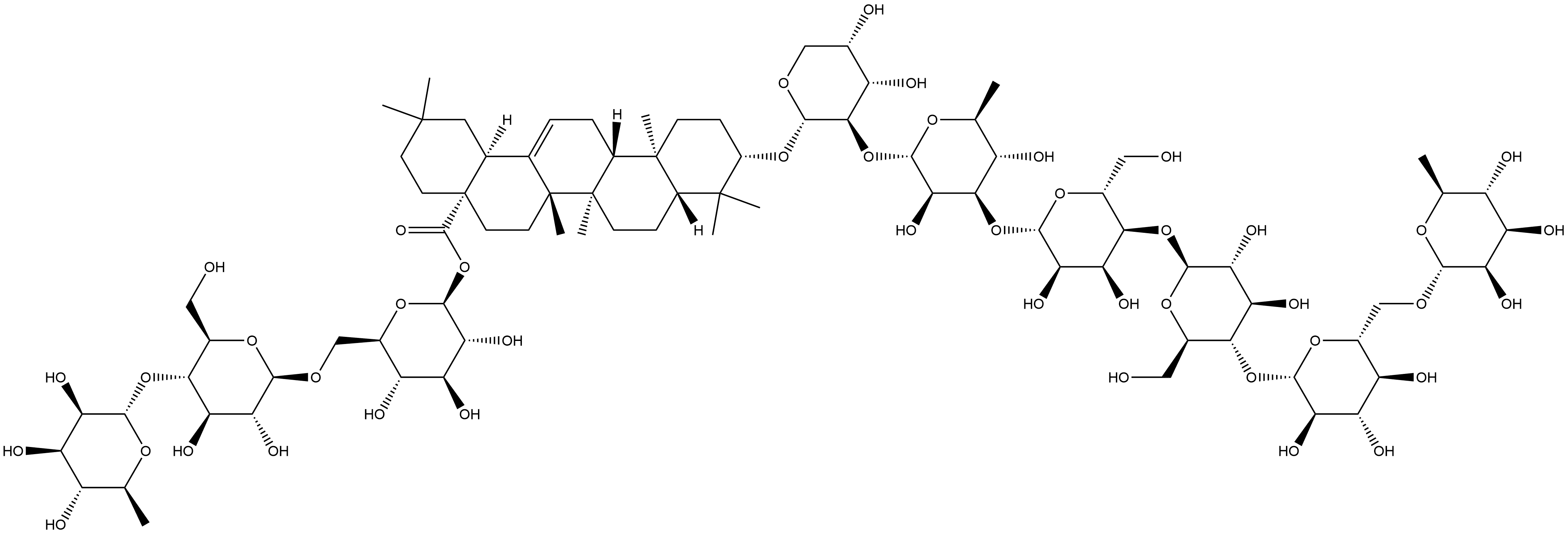 Olean-12-en-28-oic acid, 3-[(O-6-deoxy-α-L-mannopyranosyl-(1→6)-O-β-D-glucopyranosyl-(1→4)-O-β-D-glucopyranosyl-(1→4)-O-β-D-allopyranosyl-(1→3)-O-6-deoxy-α-L-mannopyranosyl-(1→2)-α-L-arabinopyranosyl)oxy]-, O-6-deoxy-α-L-mannopyranosyl-(1→4)-O-β-D-glucopyranosyl-(1→6)-β-D-glucopyranosyl ester, (3β)- Structure