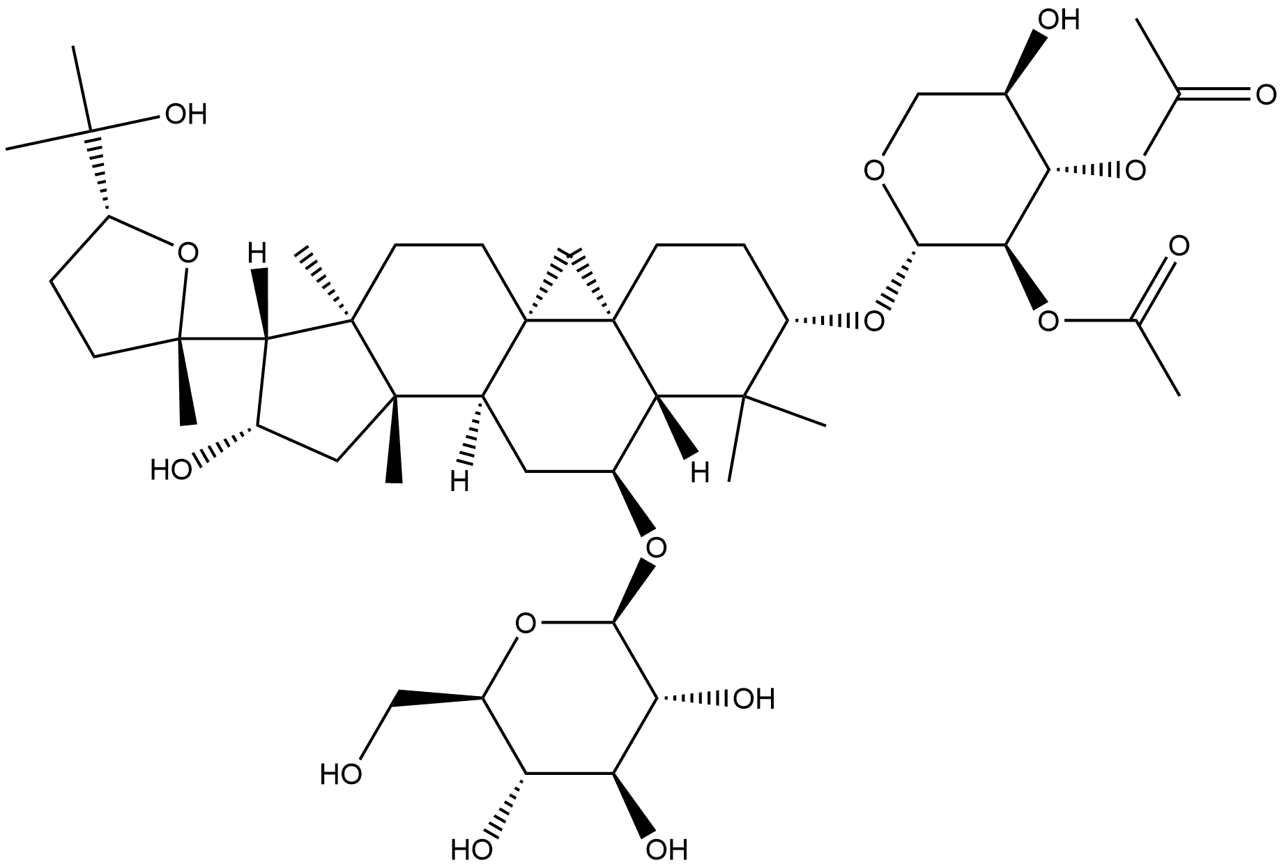 β-D-Glucopyranoside, (3β,6α,16β,24R)-3-[(2,3-di-O-acetyl-β-D-xylopyranosyl)oxy]-20,24-epoxy-16,25-dihydroxy-9,19-cyclolanostan-6-yl (9CI) 结构式