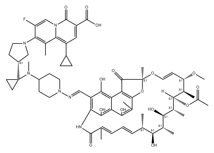 3-[[[4-[メチル[1-[1-(3-カルボキシ-1-シクロプロピル-7-フルオロ-9-メチル-4-オキソ-4H-キノリジン-8-イル)ピロリジン-3α-イル]シクロプロピル]アミノ]-1-ピペラジニル]イミノ]メチル]リファマイシン 化学構造式