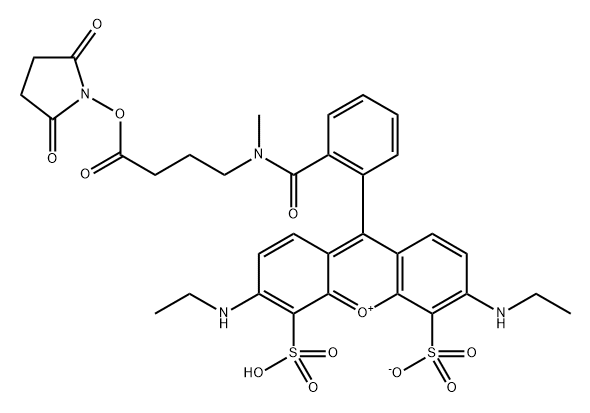 Xanthylium, 9-[2-[[[4-[(2,5-dioxo-1-pyrrolidinyl)oxy]-4-oxobutyl]methylamino]carbonyl]phenyl]-3,6-bis(ethylamino)-4,5-disulfo-, inner salt Structure