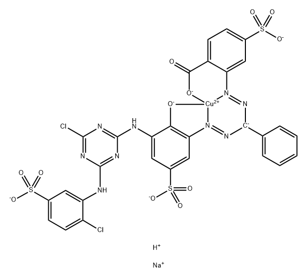 トリナトリウム＝2-｛α-｛3-［4-クロロ-6-（2-クロロ-5-スルホナトアニリノ）-1，3，5-トリアジン-2-イルアミノ］-2-ヒドロキシ-5-スルホナトフェニルアゾ｝ベンジリデンヒドラジノ｝-4-スルホナト安息香酸の1：1型銅（II）錯塩 化学構造式