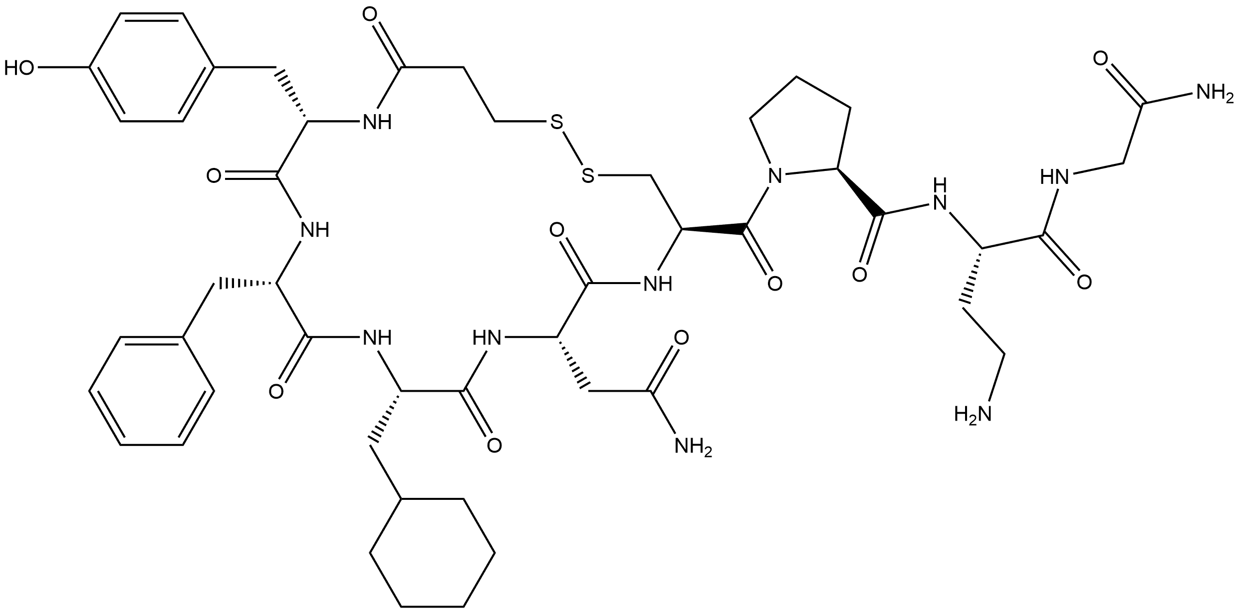 Glycinamide, N-(3-mercapto-1-oxopropyl)-L-tyrosyl-L-phenylalanyl-3-cyclohexyl-L-alanyl-L-asparaginyl-L-cysteinyl-L-prolyl-(2S)-2,4-diaminobutanoyl-, cyclic (1→5)-disulfide Structure